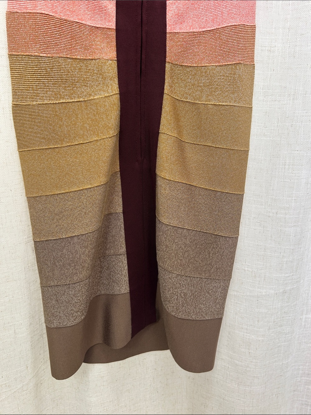 Herve Leger Signature Bandage Striped Ombre Dress in Burgundy, Coral & Tan - Picture 10 of 15
